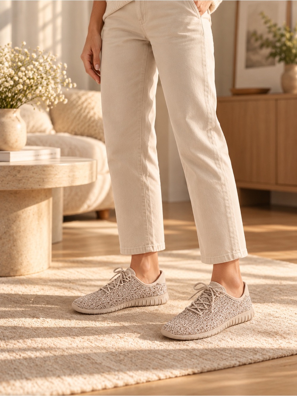ALDO Women's Beige Crystal Embellished Knit Sneakers